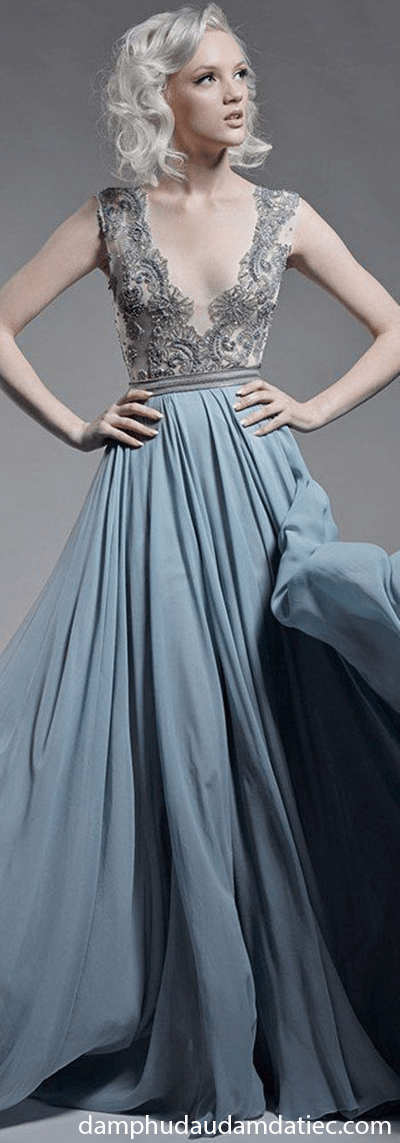 ao cuoi da tiec/ dam da tiec mau xanh sang trong