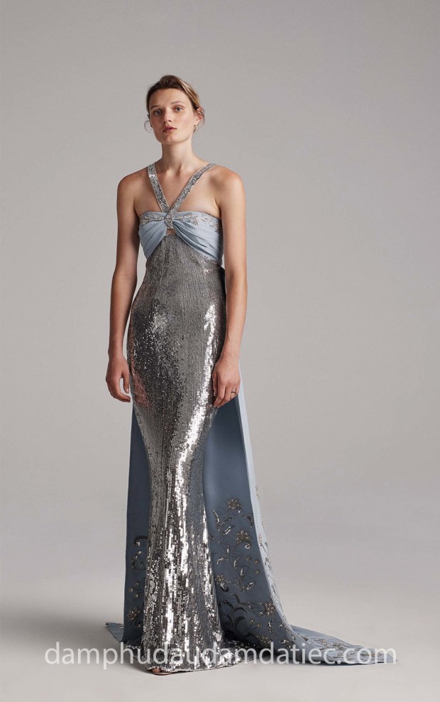ĐẦM DẠ HỘI ĐUÔI CÁ CAPE ĐÍNH SEQUIN ÁNH BẠC LẤP LÁNH NN4806 địa chỉ may đầm dạ hội đẹp Sài Gòn may ao cưới đẹp Meera Meera Fashion Concept