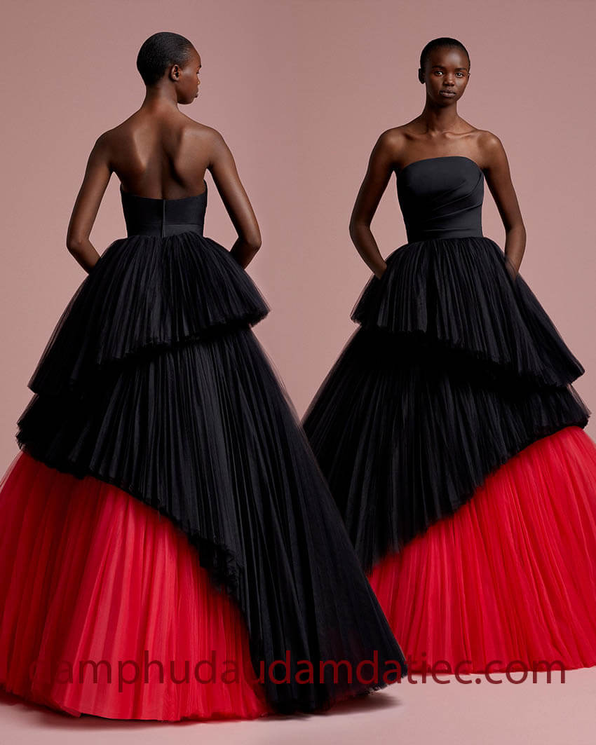 unique black and red asymmetrical ruffled winter gown