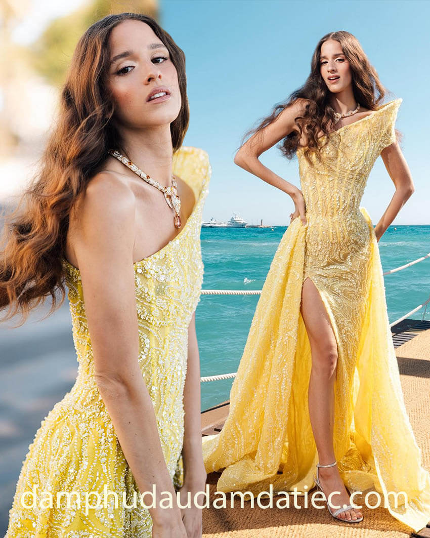 eye catching embellished winter dress with removable train