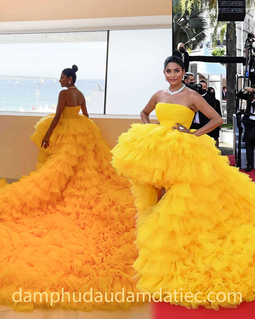 statement making winter ruffled red carpet gown