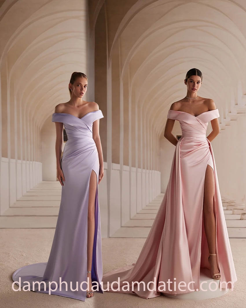 slit winter evening dress features detachable train