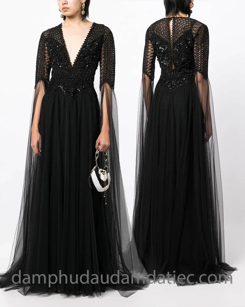 embroidered cape sleeve sheer dress