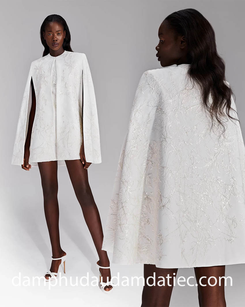 chic cape mini dress with intricate beaded embroidery