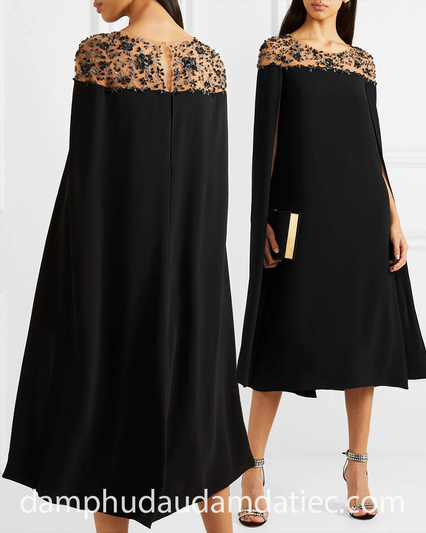 hand embellished cape sleeve midi dress