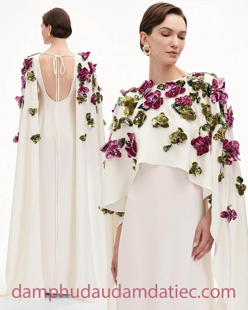eye catching orchid sequin embroidered cape gown