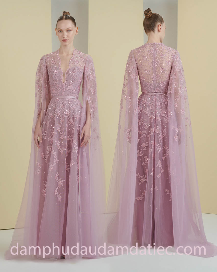 couture beaded cape sleeve dress design