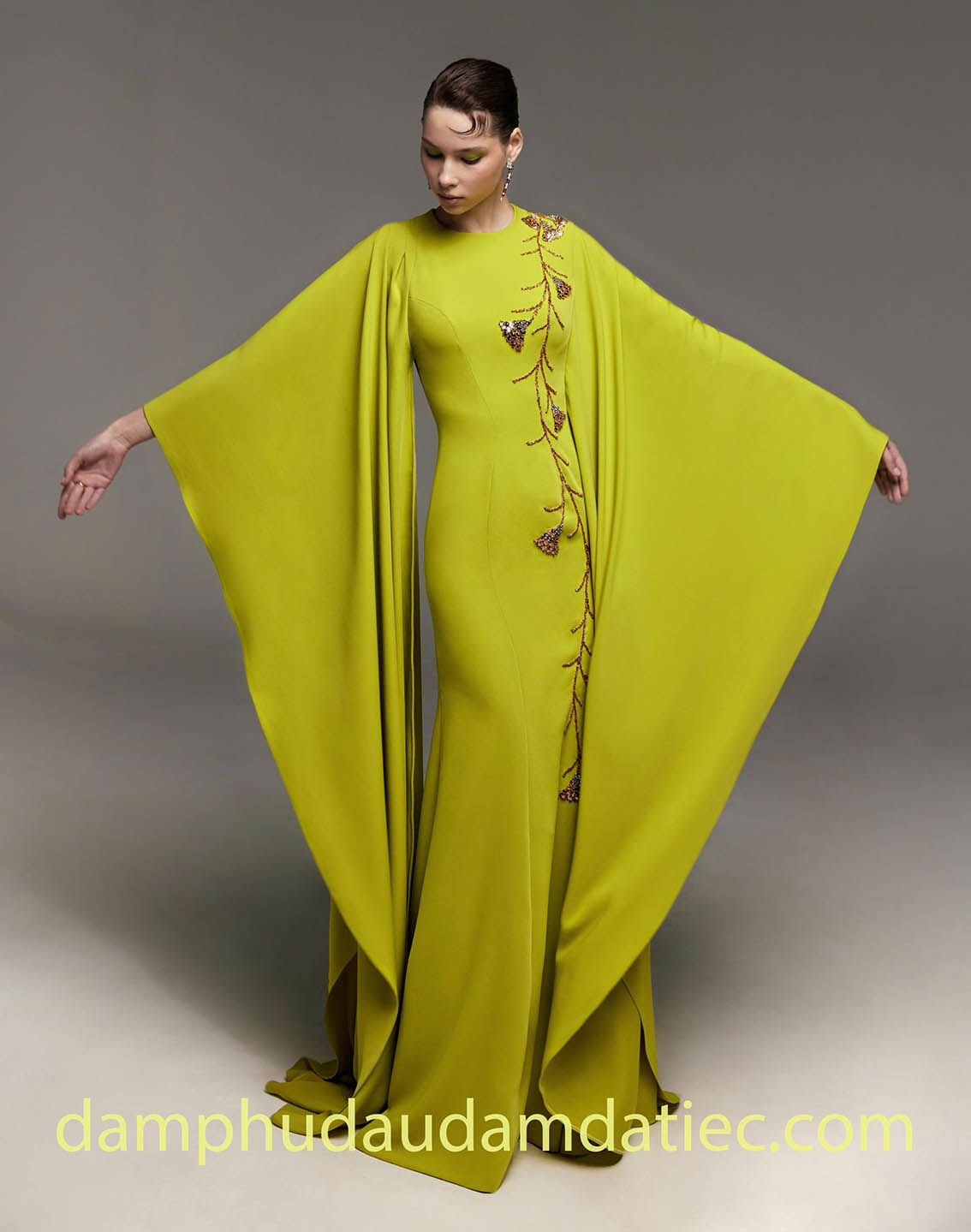 cape sleeve evening gown