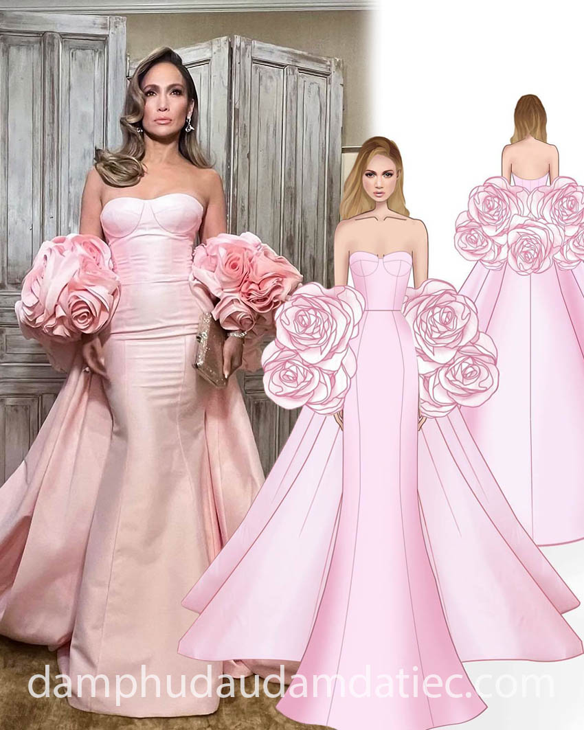 mẫu đầm dạ hội phối áo choàng kết hoa oversize