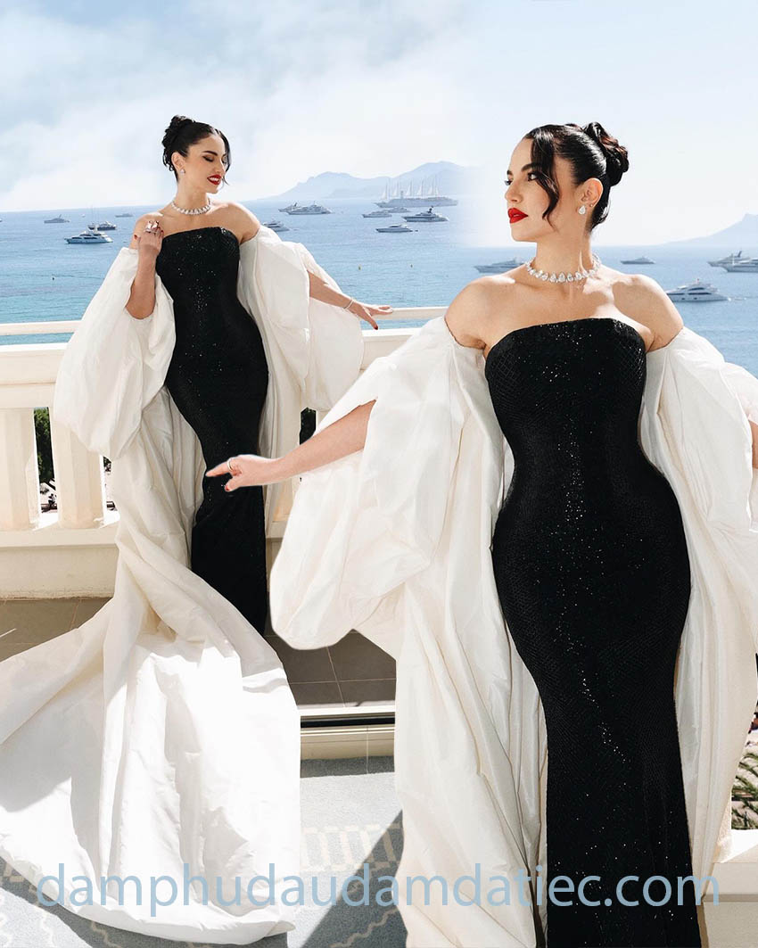 Váy dạ hội phối áo choàng lộng lẫy có thể tháo rời