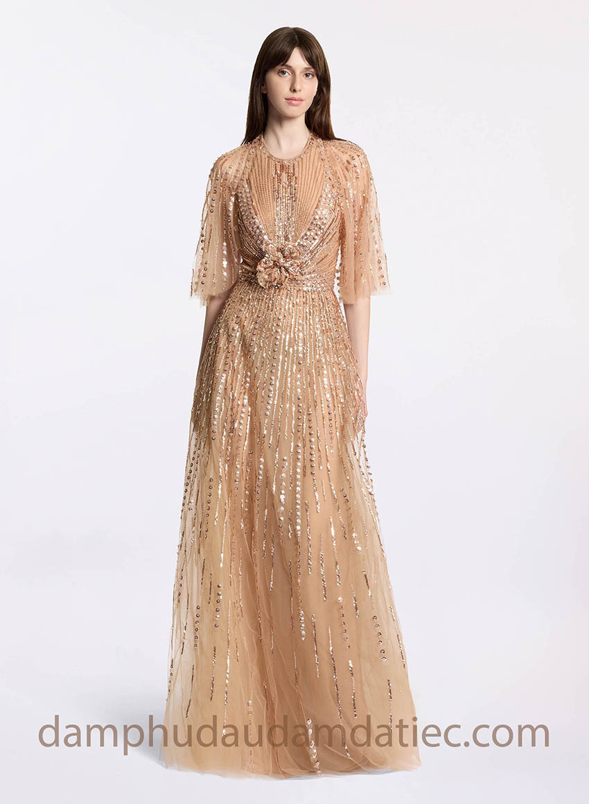 thiết kế váy dự tiệc capelet đính kết sequin