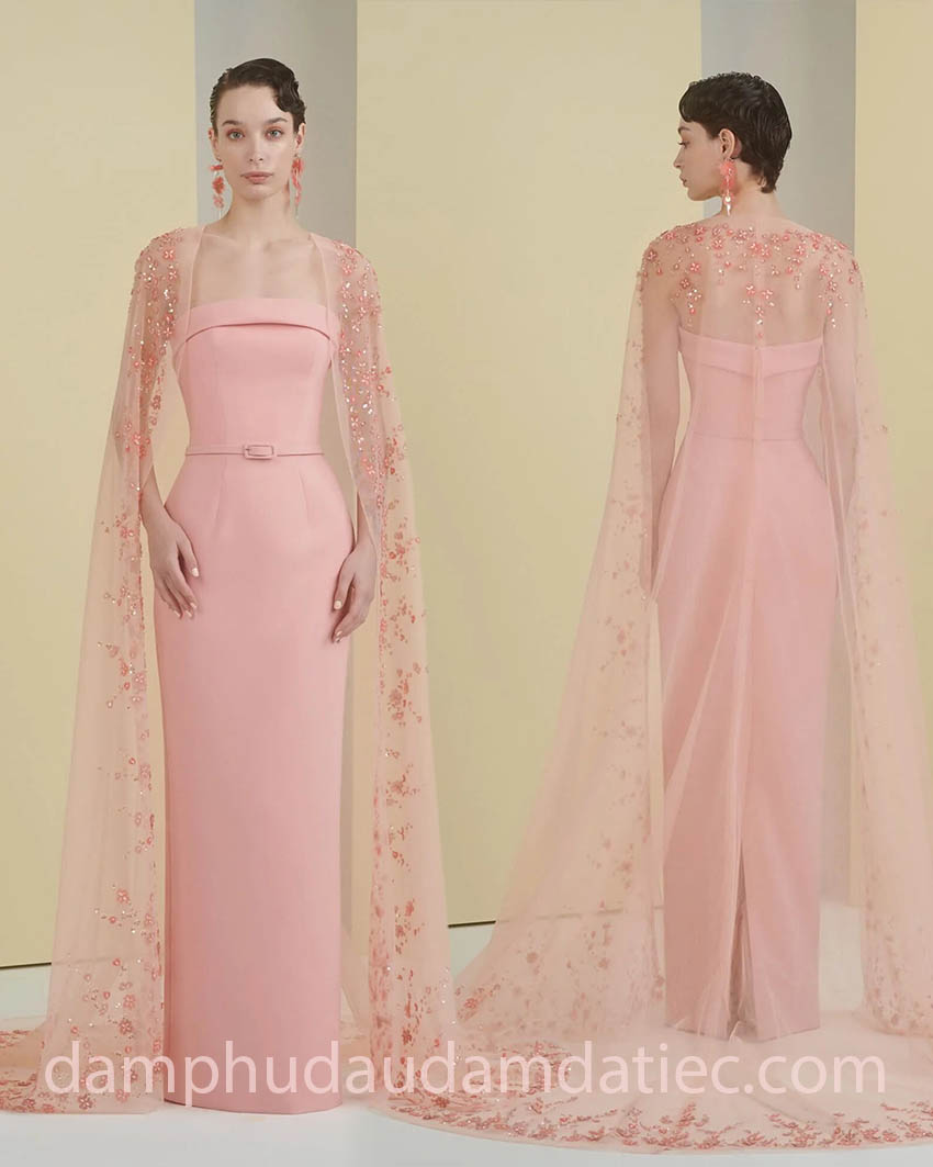 thiết kế đầm dự tiệc phối áo choàng đính kết hoa 3D lấp lánh