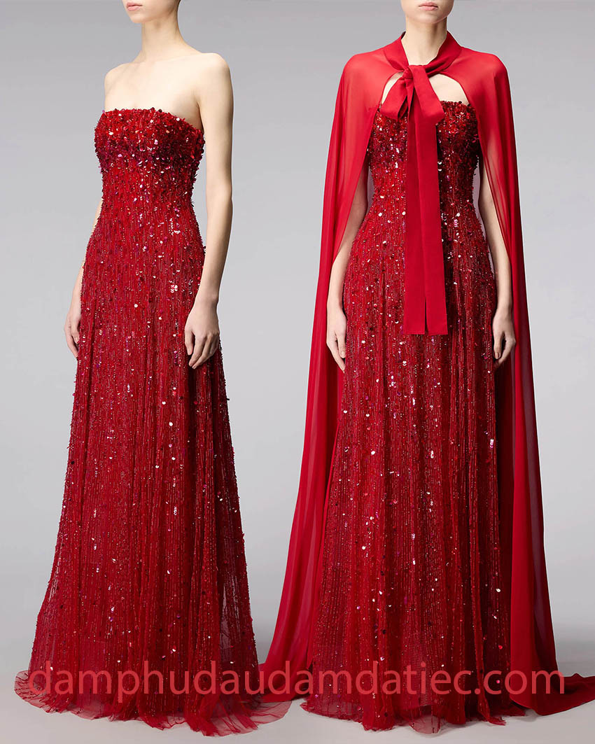 Đầm dạ hội đính kết lấp lánh phối áo choàng sang trọng
