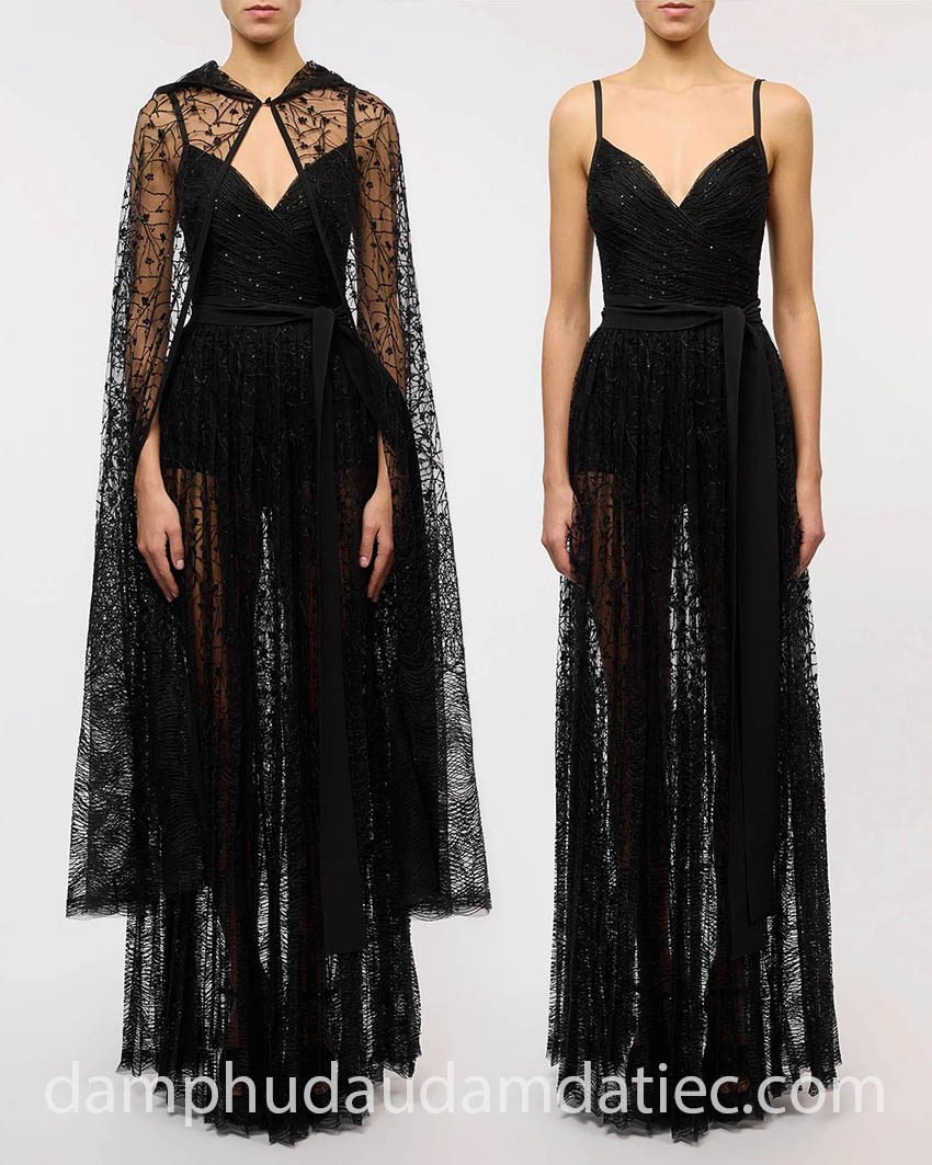 thiết kế váy dự tiệc phối áo choàng ren tháo rời