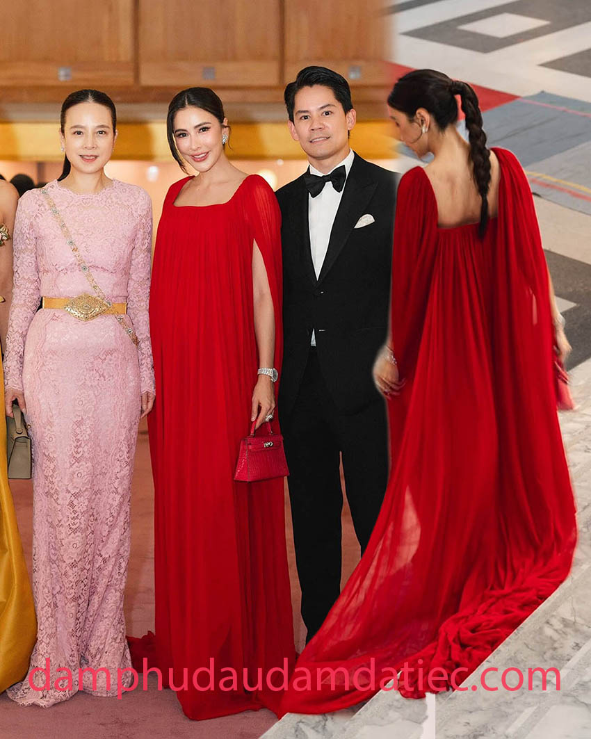 mẫu váy dự tiệc tay cape màu đỏ